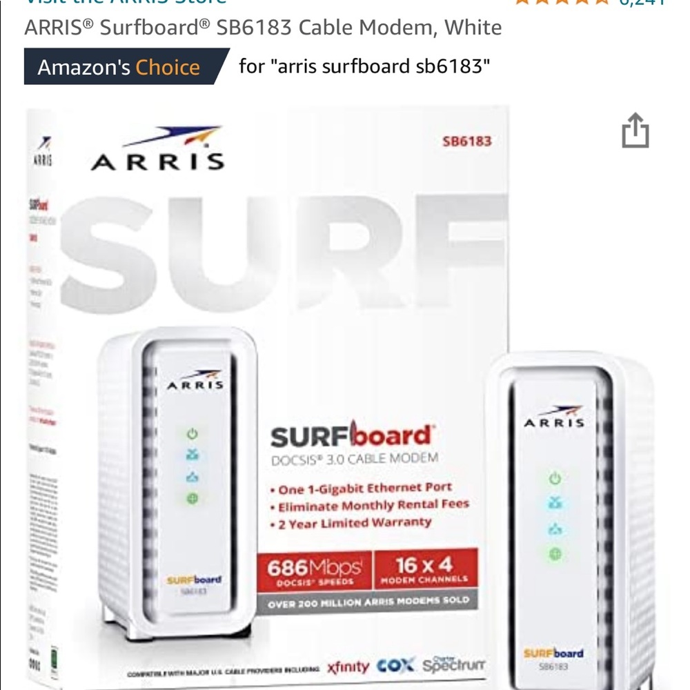 Arris Surfboard SB6183 Cable Modem, White
